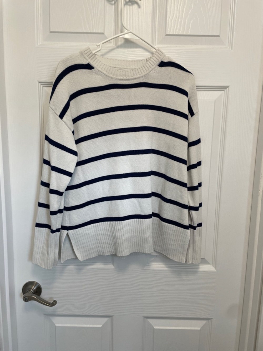 J. Crew Factory Classic Crewneck Striped Sweater  White with Navy Stripes